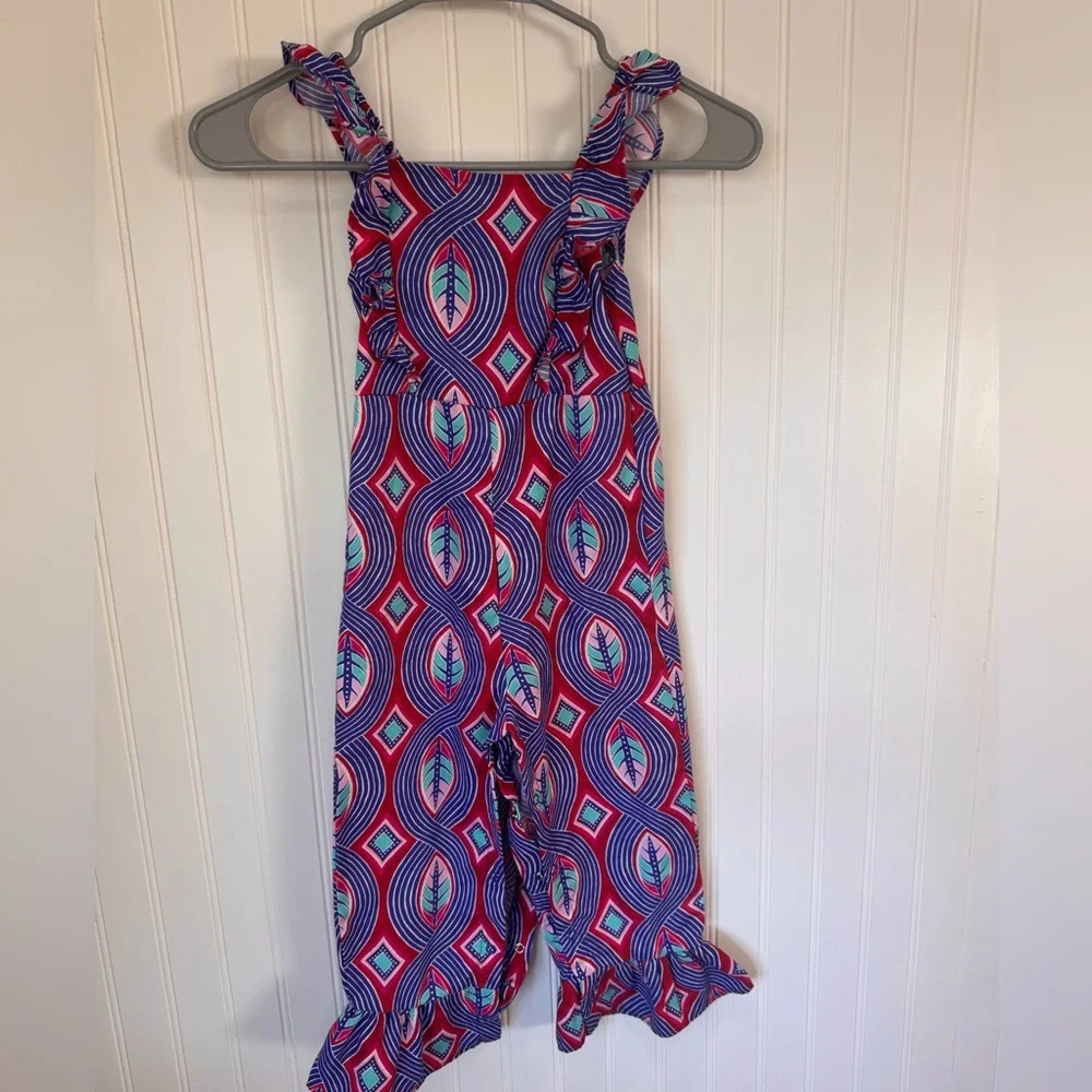 Genuine Kids by OshKosh Girls Ruffle Tank Snap Jumpsuit Blue Pink Design Size 3T